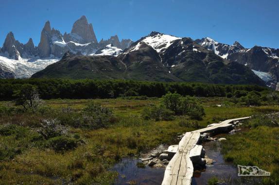 Pontes improvisadas para cruzar trecho encharcado da trilha para a Laguna de Los Tres, no parque Los Glaciares, região de El Chaltén, no sul da patagonia argentina